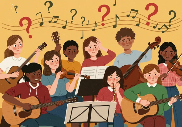 Diverse music students struggling to tune instruments