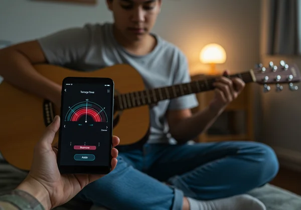 Student independently tuning instrument at home using