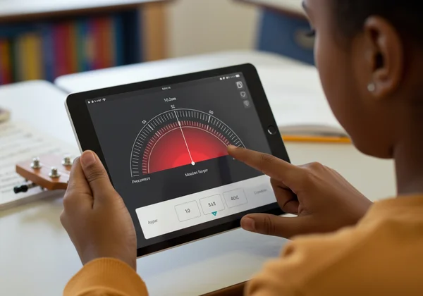 Student using a free online tuner on a tablet, focused and engaged