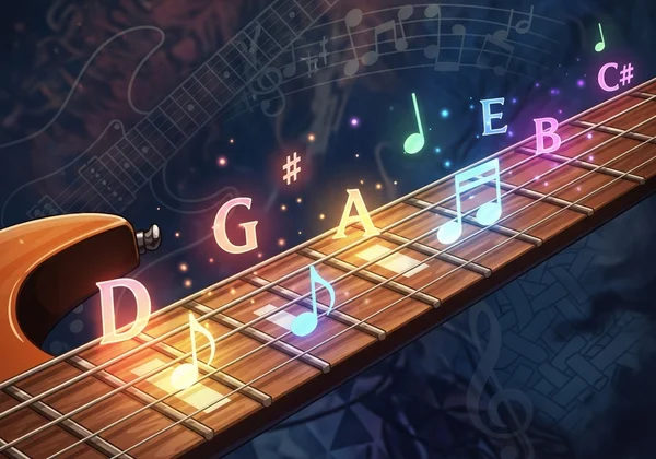 Guitar neck with different musical notes representing tunings.