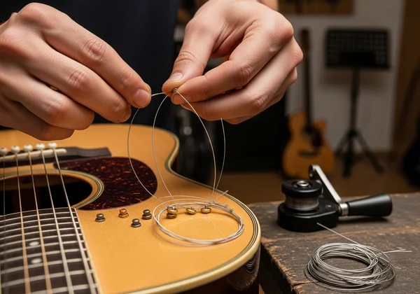 Close-up of guitar strings being changed on a guitar.