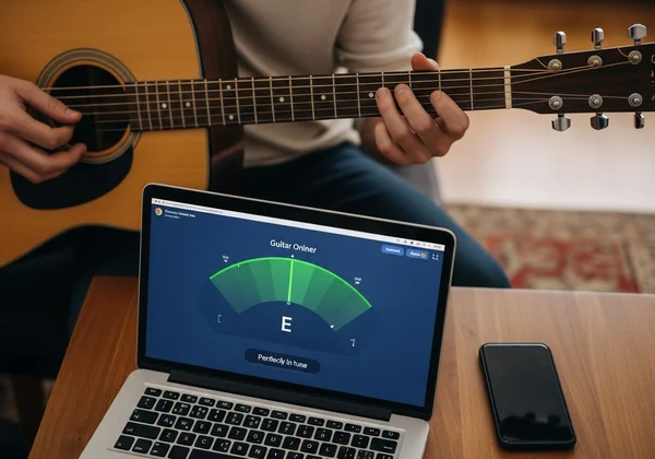 Person using an online guitar tuner on a laptop screen.
