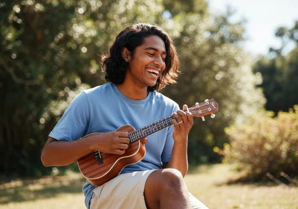 Happy person playing a perfectly tuned ukulele outdoors