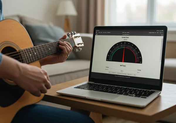 Person tuning guitar with an online tuner on a laptop screen