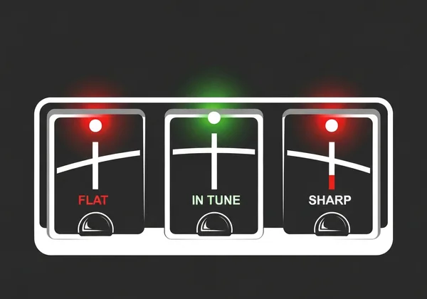 Chromatic tuner showing sharp, flat, and in tune indicators