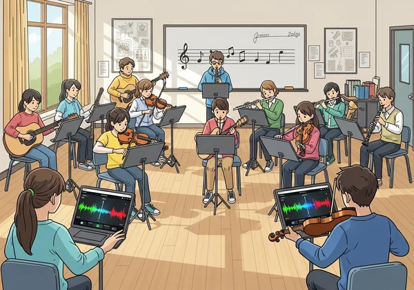 Music classroom with students tuning instruments