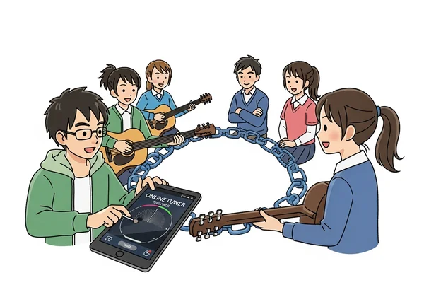 Students collaborating in a tuning chain activity