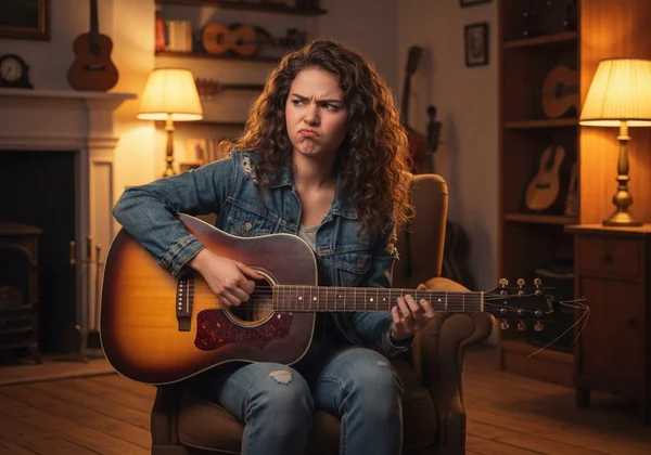 A musician looking frustrated with an out-of-tune guitar