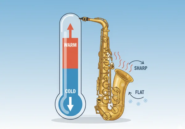 Thermometer showing temperature affecting a wind instrument